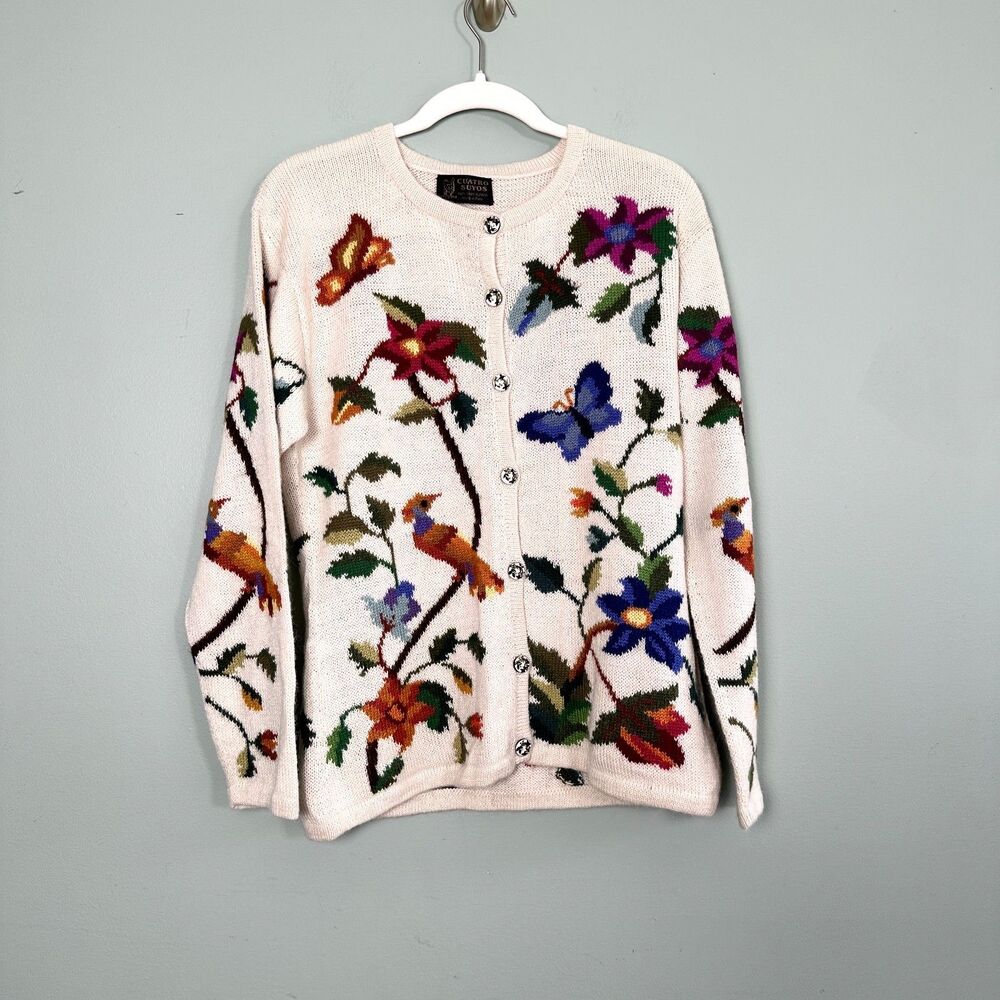 Cuatro Suyos Alpaca Cardigan Womens Large Bird Floral Print Sweater Soft